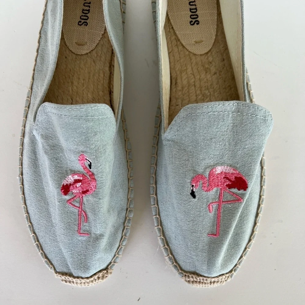Soludos Flamingos Embroidered Espadrille Smoking Slipper, Light Blue, 9